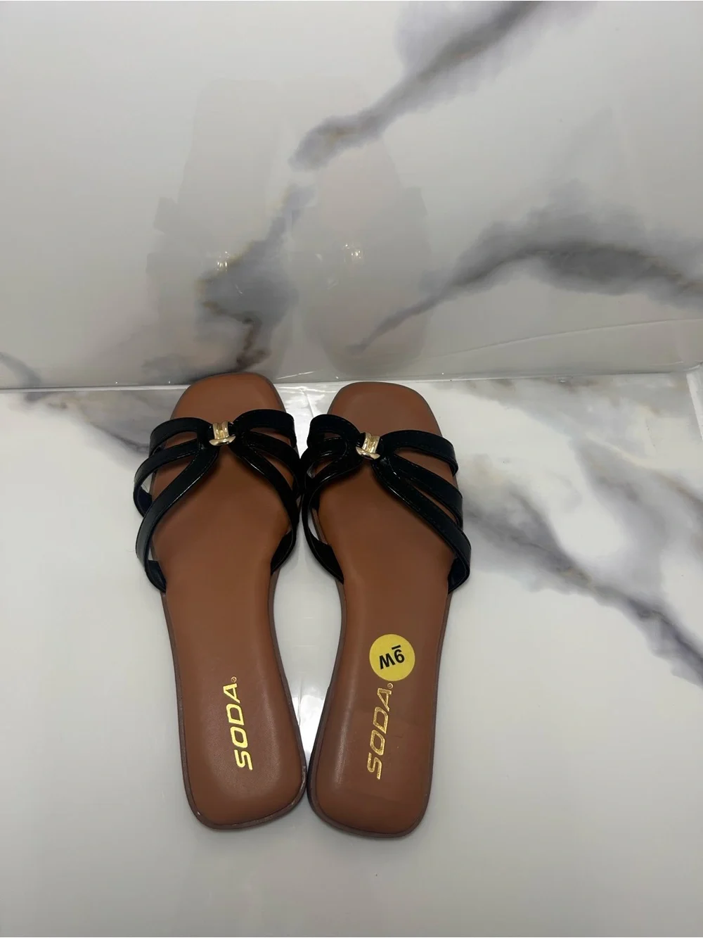 Soda Black Multi‑Strap Slide Sandals with Gold Accent